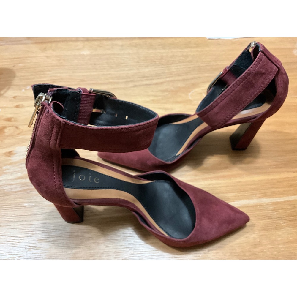 Joie Burgundy Suede Pointed Toe Ankle Strap Block Heel Pumps Size 37.5